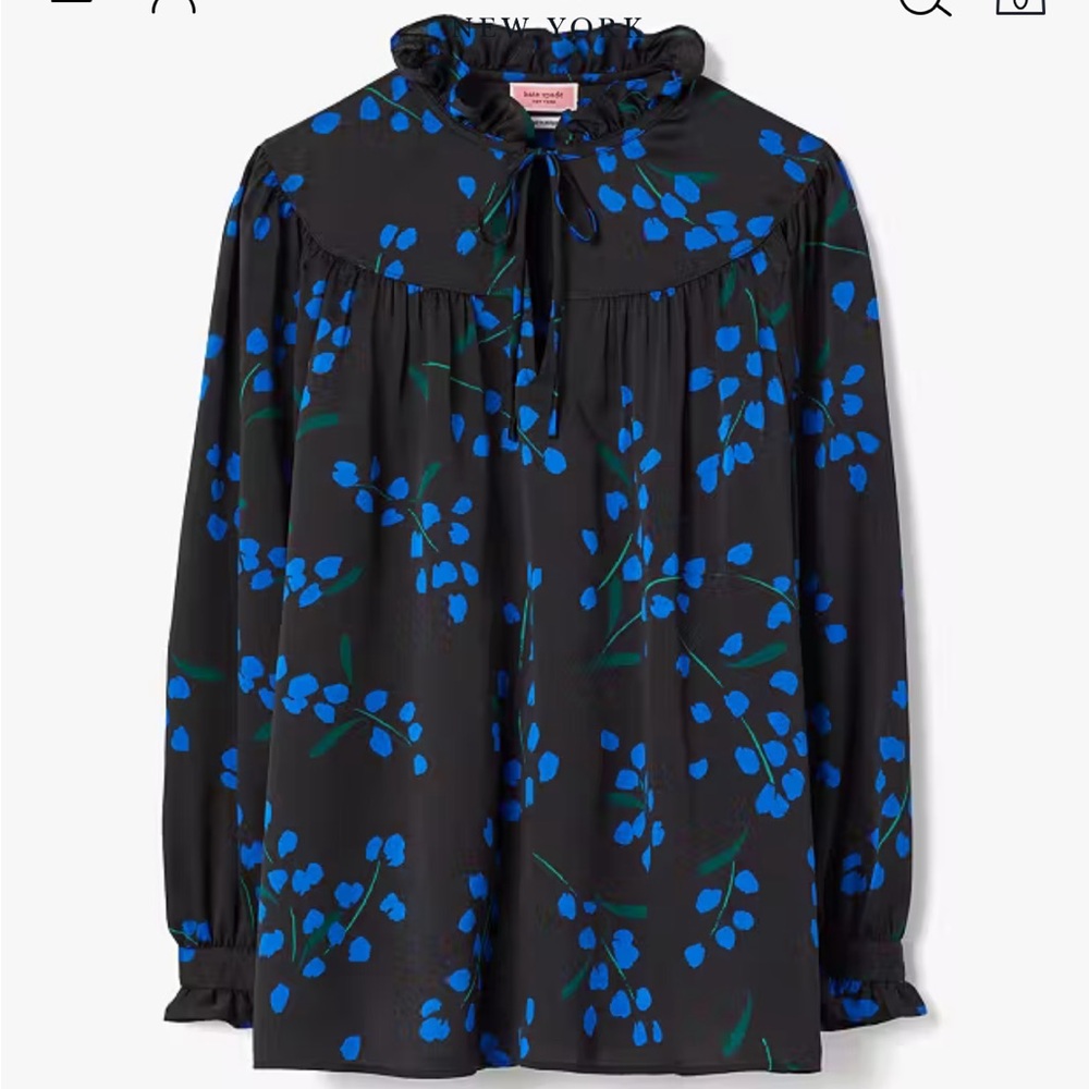 NEW Kate Spade Seabreeze Floral Ruffle Blouse Top Long Sleeve Black Blue - Picture 5 of 13